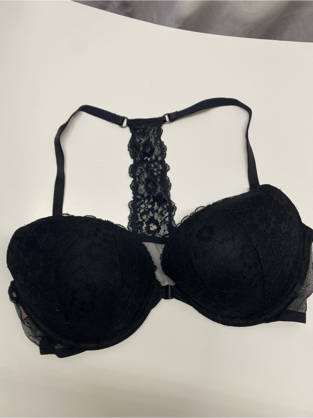 Victoria's Secret Black Lace Racerback Push-Up Bra padded underwire front close